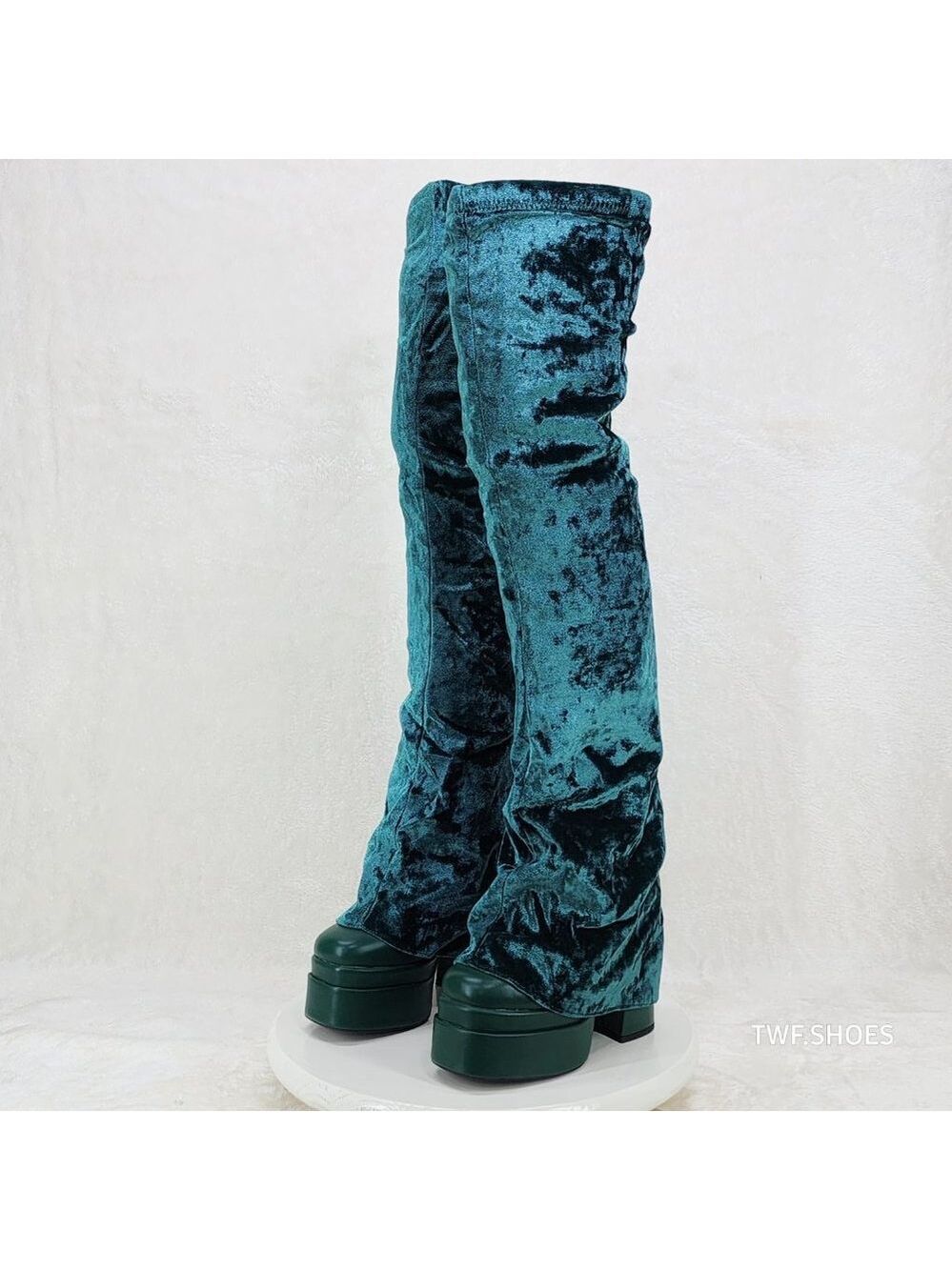 Good Will Unique Thigh High Emerald Velvet Fold over Chunky Heel Platform Boots - Picture 14 of 15